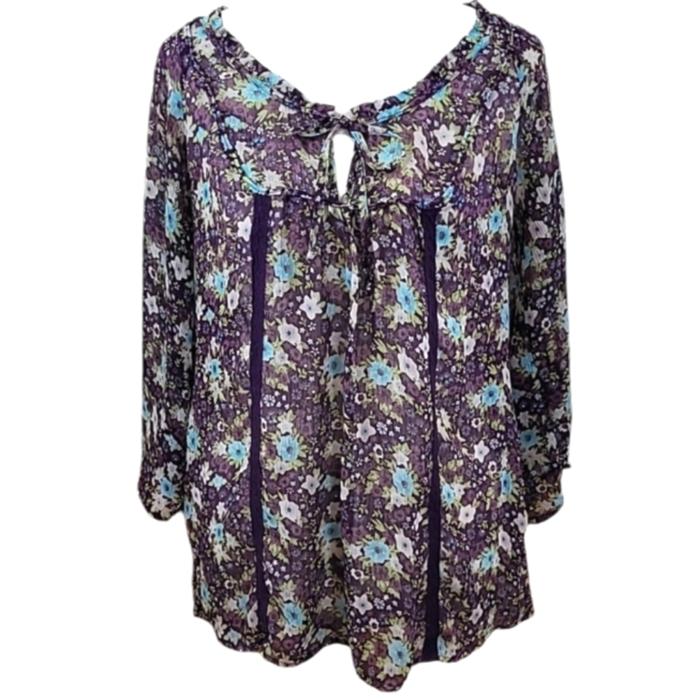 Decree Floral Semi Sheer Top Purple Half Sleeve Loose Fit Size Small